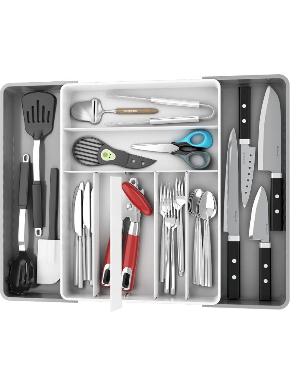 Expandable Kitchen Drawer Flatware Organizer - Gray & White, Adjustable Storage